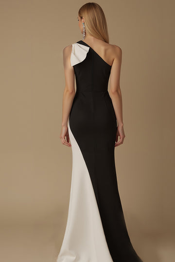 One Shoulder Black and White Sheath Evening Dress with Bow